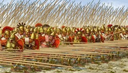 La falange macedonia o infantería pesada de los legendarios pezhetairoi -los compañeros a pie.  